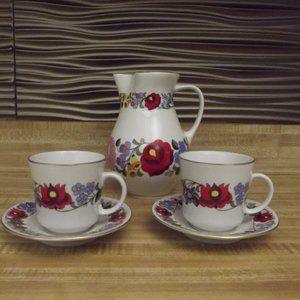 KALOCSA PORCELAIN COFFEE CUPS and PITCHER